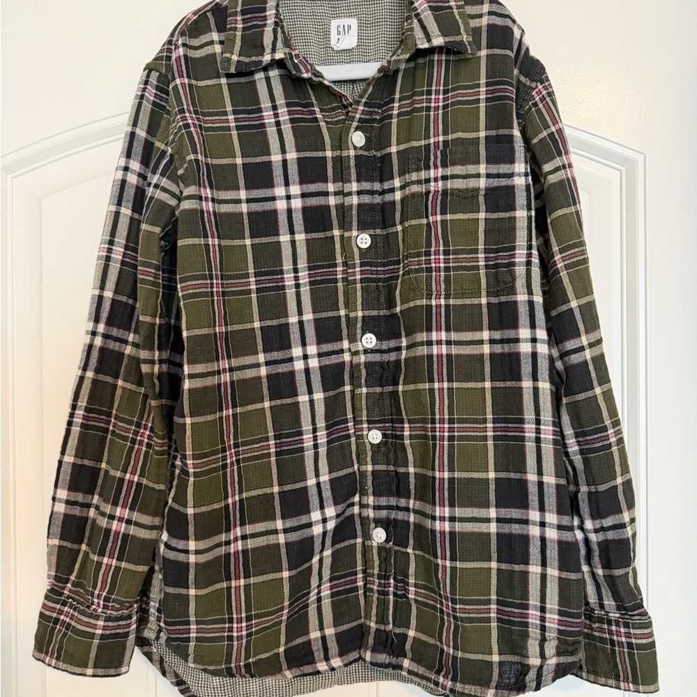 GAP Olive Green Black Plaid Button-Down Shirt